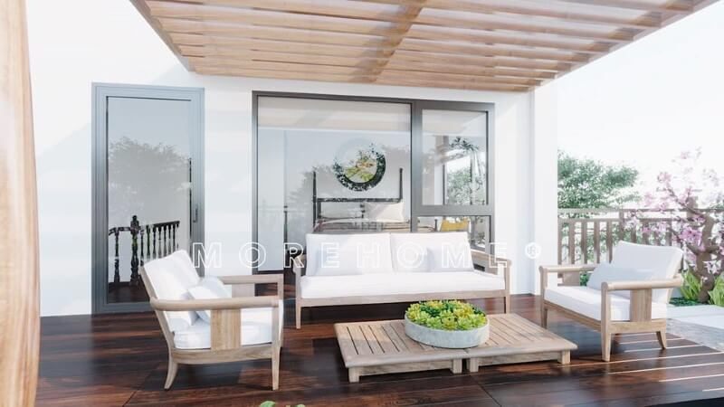 Mẫu bàn ghế ban công gỗ tự nhiên hiện đại với thiết kế đơn giản cho không gian đọc sách, trò chuyện thảnh thơi chủ gia chủ